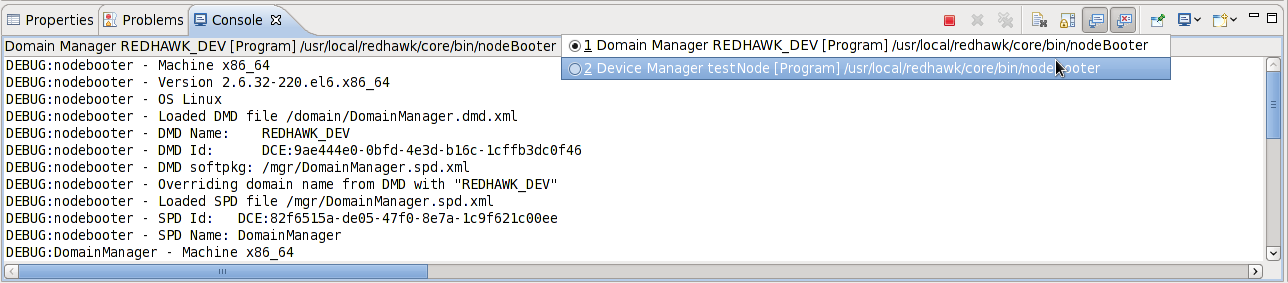 Console showing the Domain Manager start up with debug logging and the available Device Manager console